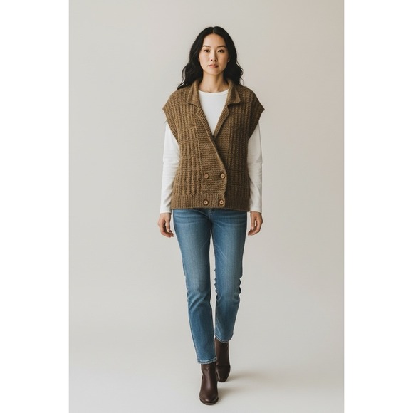 Ellen Tracy Sweaters - Sleeveless Sweater‎ Vest VTG 80s Mohair Brown Fuzzy Retro Chic Tailored Large